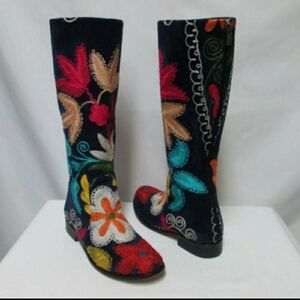 Suzani Embroidered velvet Leather zip boots knee high Boho Art Size Sz 7
